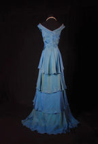 Romantic A-Line Off-the-Shoulder Tiered Ruffle Beaded Floor-Length Evening Gown
