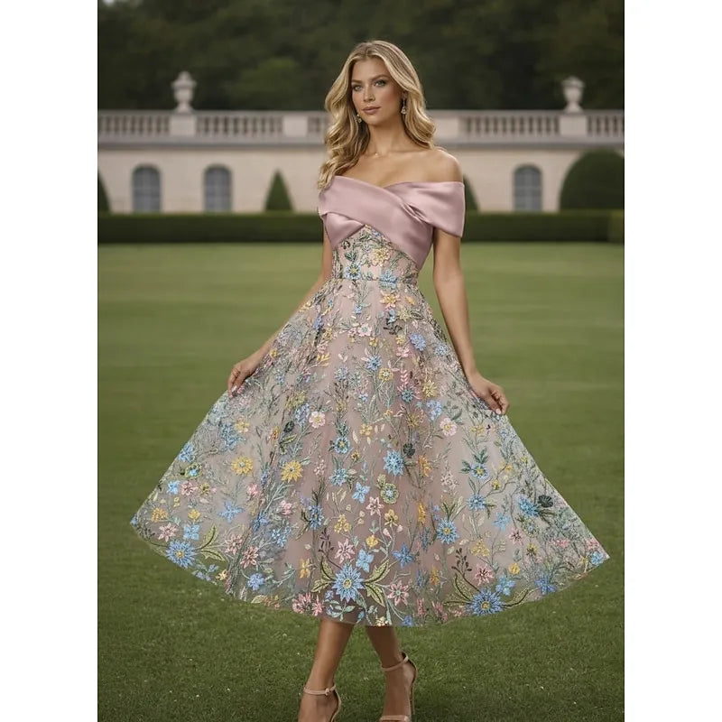 Romantic A-Line Off Shoulder Midi Floral Dress