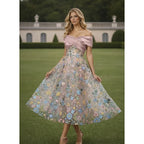 Romantic A-Line Off Shoulder Midi Floral Dress