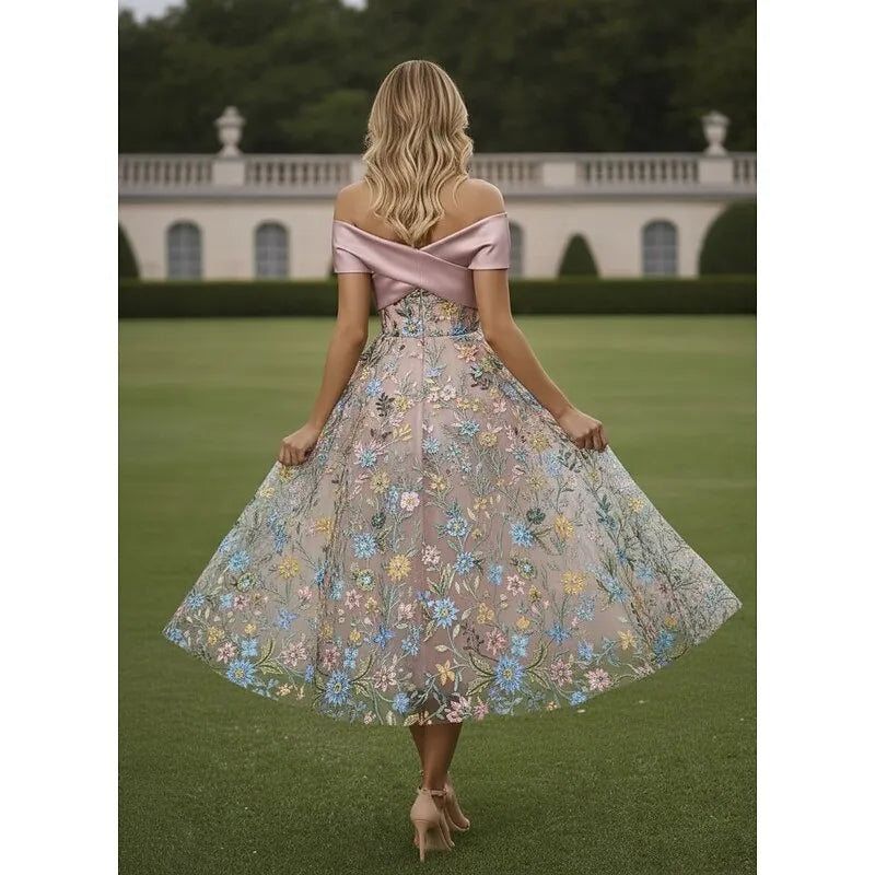 Romantic A-Line Off Shoulder Midi Floral Dress