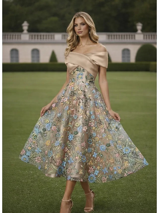 Romantic A-Line Off Shoulder Midi Floral Dress