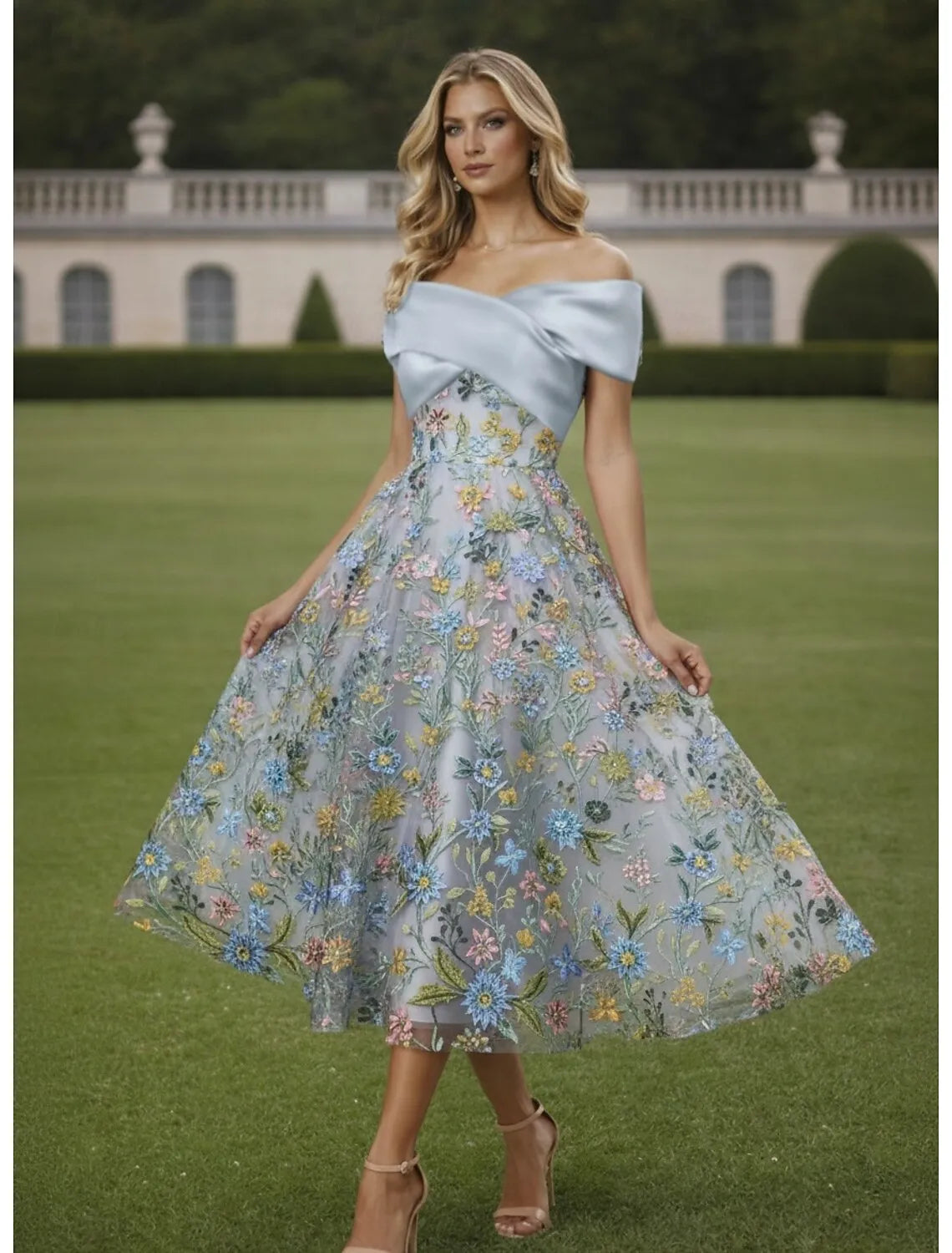 Romantic A-Line Off Shoulder Midi Floral Dress
