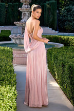 Romantic A-Line One-Shoulder Draped Sleeve Lace Up Back High Slit Floor Length Evening Dress
