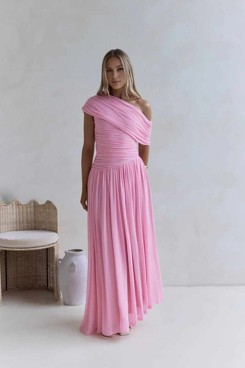 Romantic A Line One Shoulder Ruched Bodice Floor Length Prom Dress