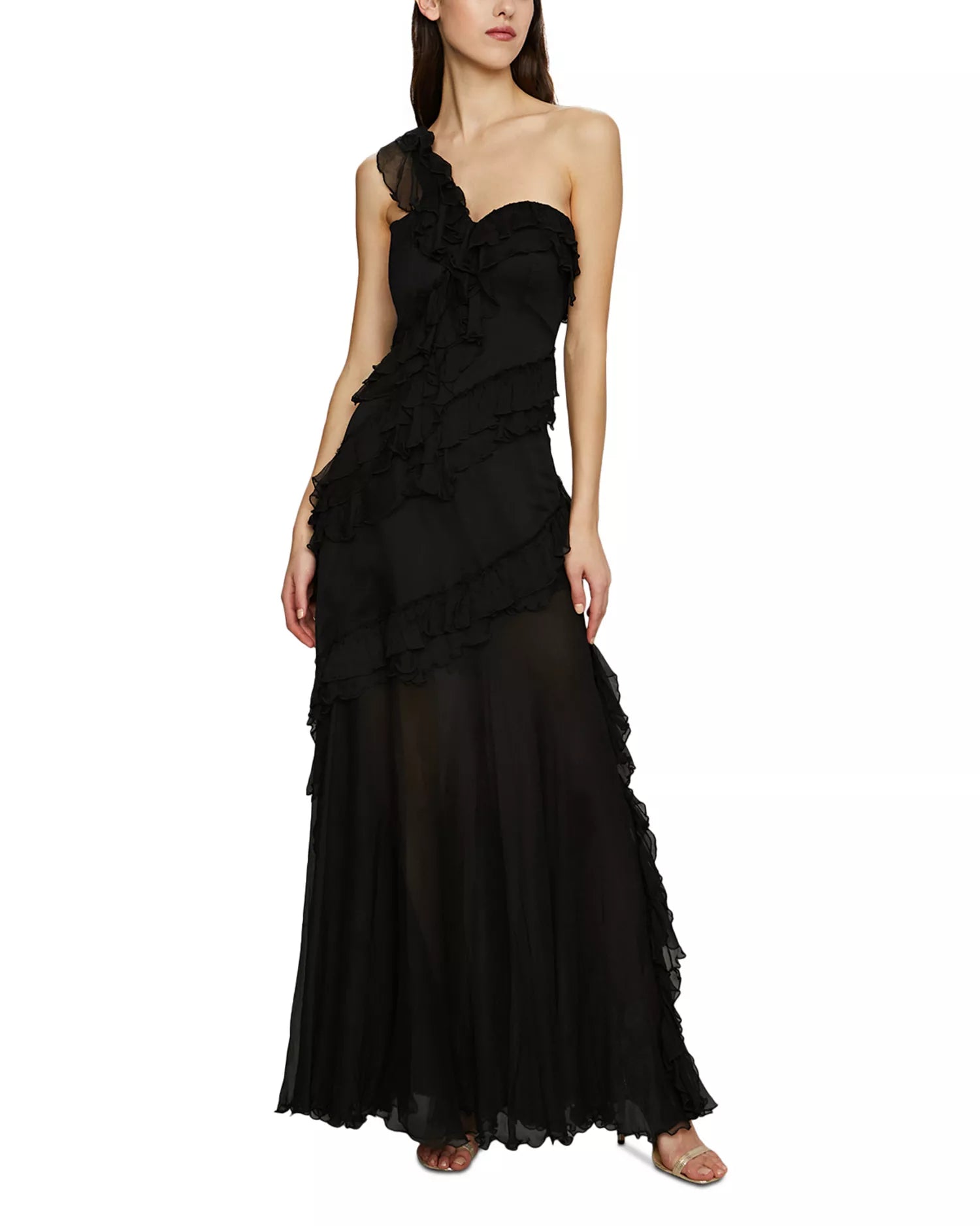 Romantic A-Line One Shoulder Ruffle Sleeve Open Back Floor Length For Women Prom Dress