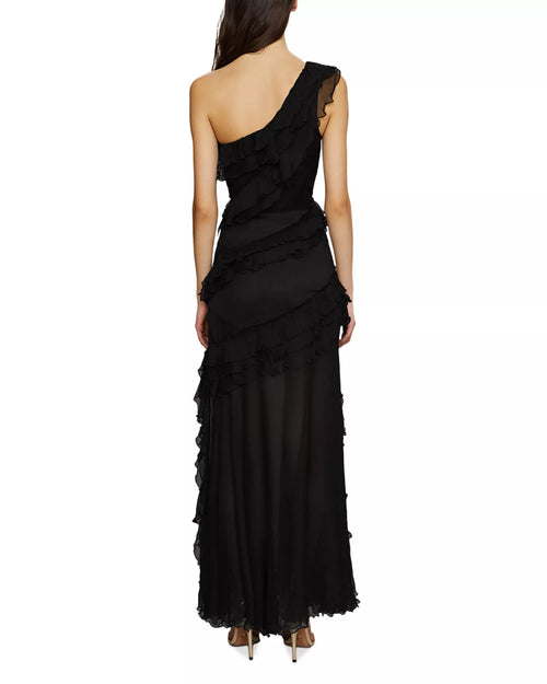 Robe de bal longue pour femme, romantique, trapèze, à une épaule, à manches à volants, à dos ouvert