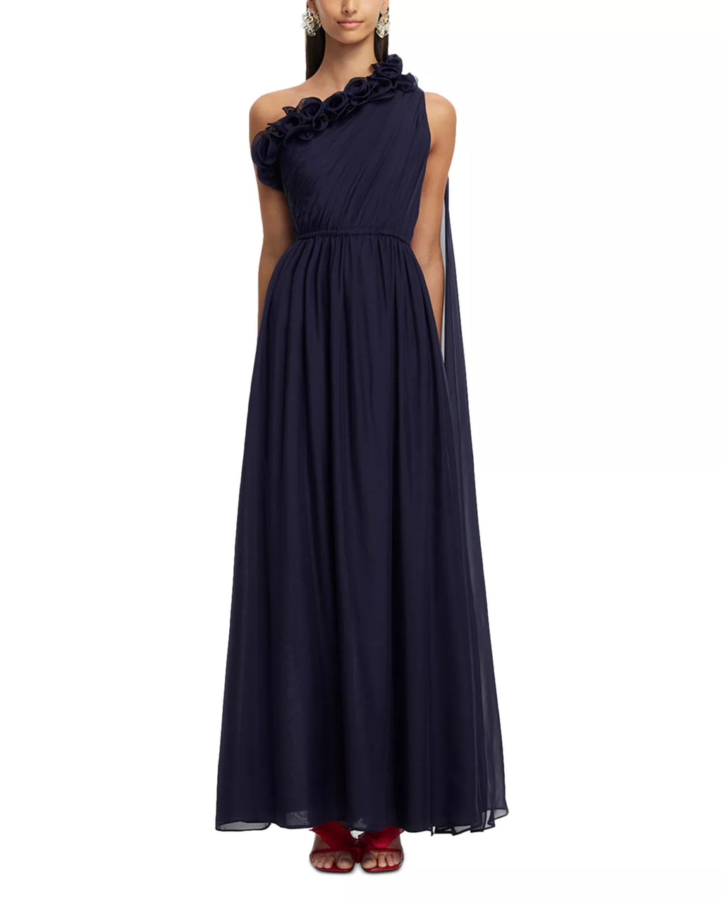 Romantic A Line One Shoulder Ruffled Accent Sheer Train Floor Length For Adults Prom Dress