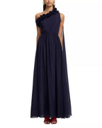 Romantic A Line One Shoulder Ruffled Accent Sheer Train Floor Length For Adults Prom Dress