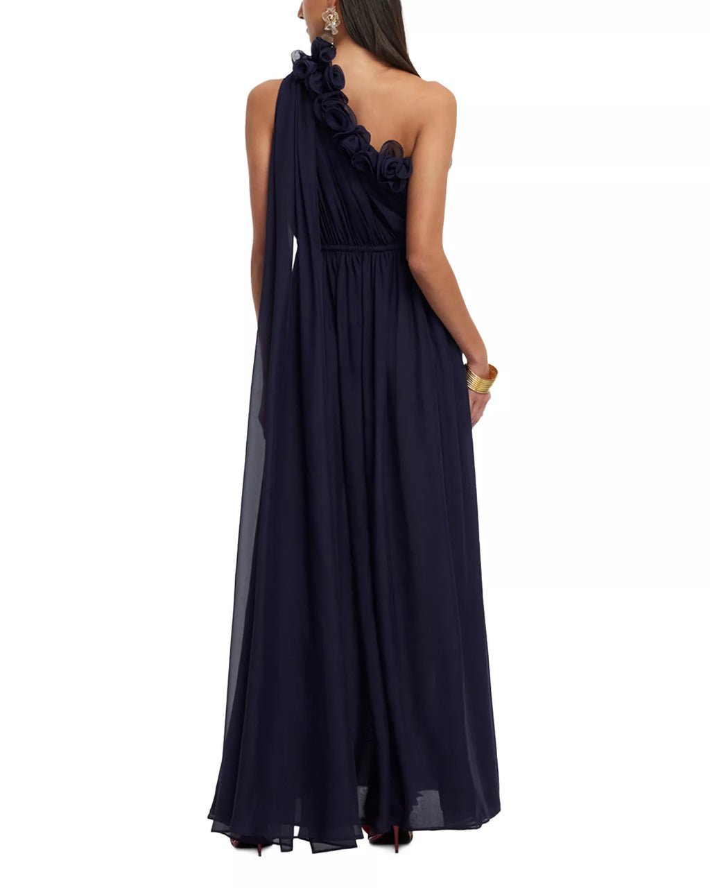 Romantic A Line One Shoulder Ruffled Accent Sheer Train Floor Length For Adults Prom Dress