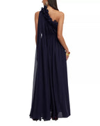 Romantic A Line One Shoulder Ruffled Accent Sheer Train Floor Length For Adults Prom Dress