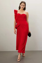 Romantic A Line One Shoulder Ruffled Sleeve Asymmetric Hem Plus Size Prom Dress