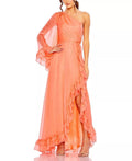 Romantic A Line One Shoulder Ruffled Sleeve Zipper Back High Low Prom Dress