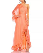 Romantic A Line One Shoulder Ruffled Sleeve Zipper Back High Low Prom Dress