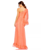 Romantic A Line One Shoulder Ruffled Sleeve Zipper Back High Low Prom Dress