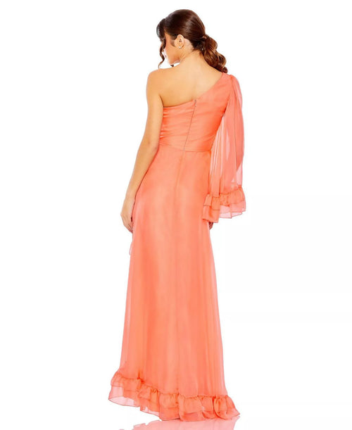 Romantic A Line One Shoulder Ruffled Sleeve Zipper Back High Low Prom Dress