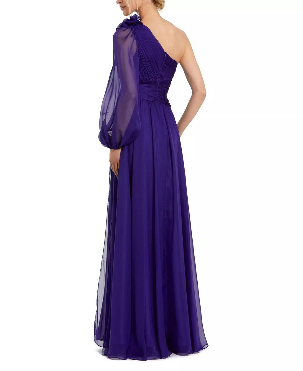 Romantic A Line One Shoulder Sheer Sleeve Floral Accent Floor Length For Adults Prom Dress