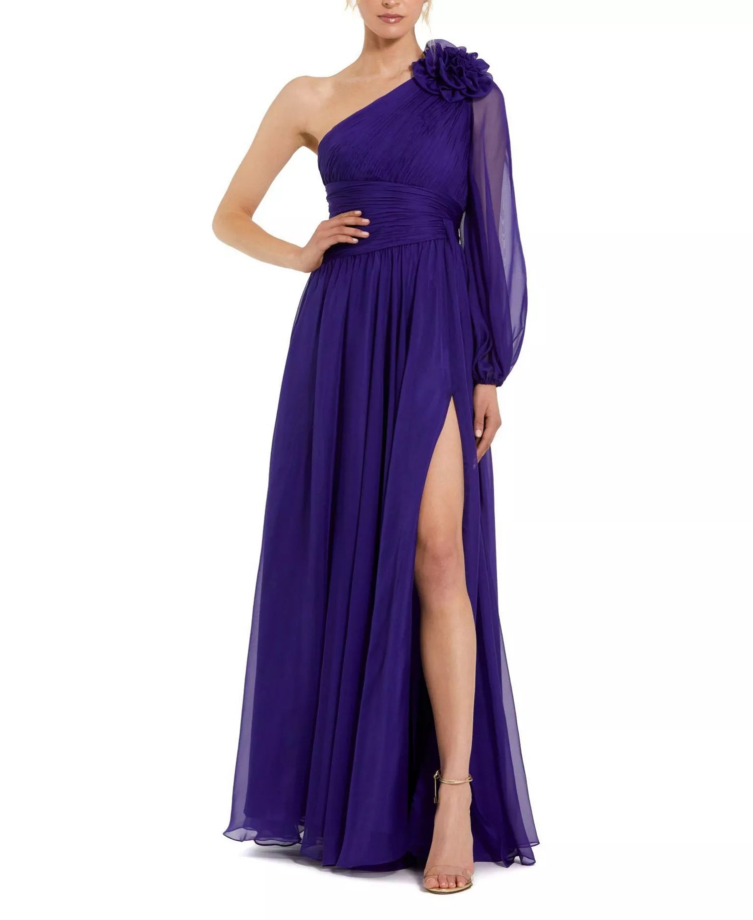 Romantic A Line One Shoulder Sheer Sleeve Floral Accent Floor Length For Adults Prom Dress