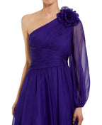 Romantic A Line One Shoulder Sheer Sleeve Floral Accent Floor Length For Adults Prom Dress