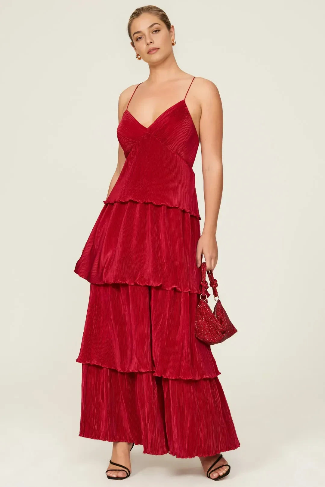 Romantic A Line Plunge Neck Sleeveless Tiered Ruffle Floor Length Plus Size Prom Dress