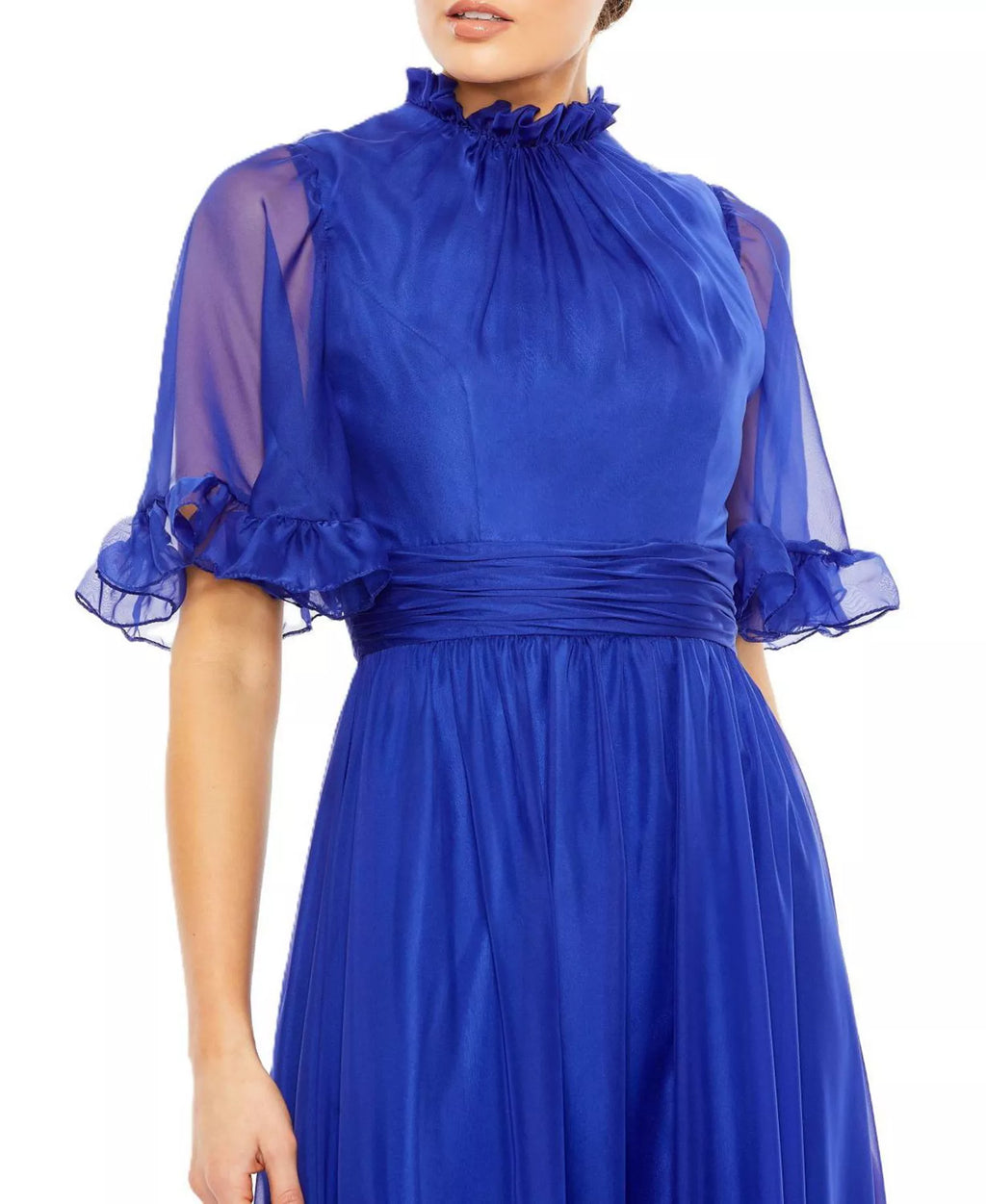 Romantic A Line Ruffled High Neck Sheer Sleeve Tiered Hem Floor Length For Ladies Prom Dress