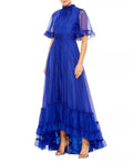 Romantic A Line Ruffled High Neck Sheer Sleeve Tiered Hem Floor Length For Ladies Prom Dress