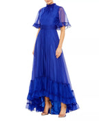 Romantic A Line Ruffled High Neck Sheer Sleeve Tiered Hem Floor Length For Ladies Prom Dress