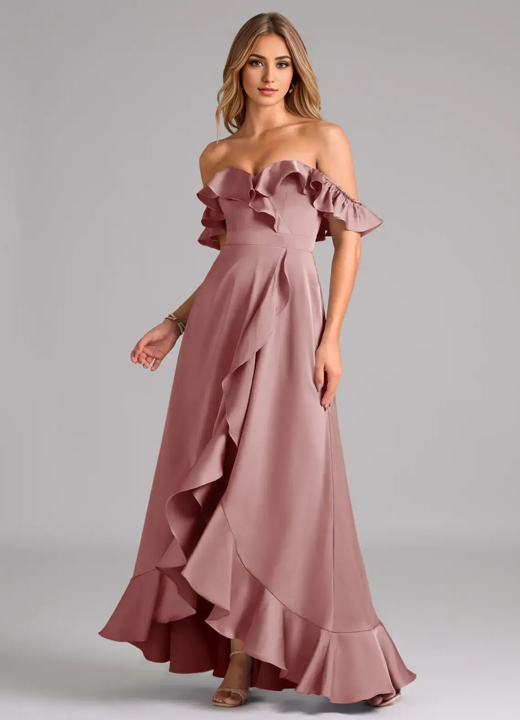 Romantic A-Line Satin Off-The Shoulder Ruffle Sleeve Open Back Floor Length Bridesmaid Dress