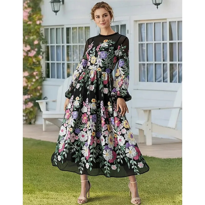 Romantic A-Line Sheer Neck Puff Sleeve Midi Floral Dress