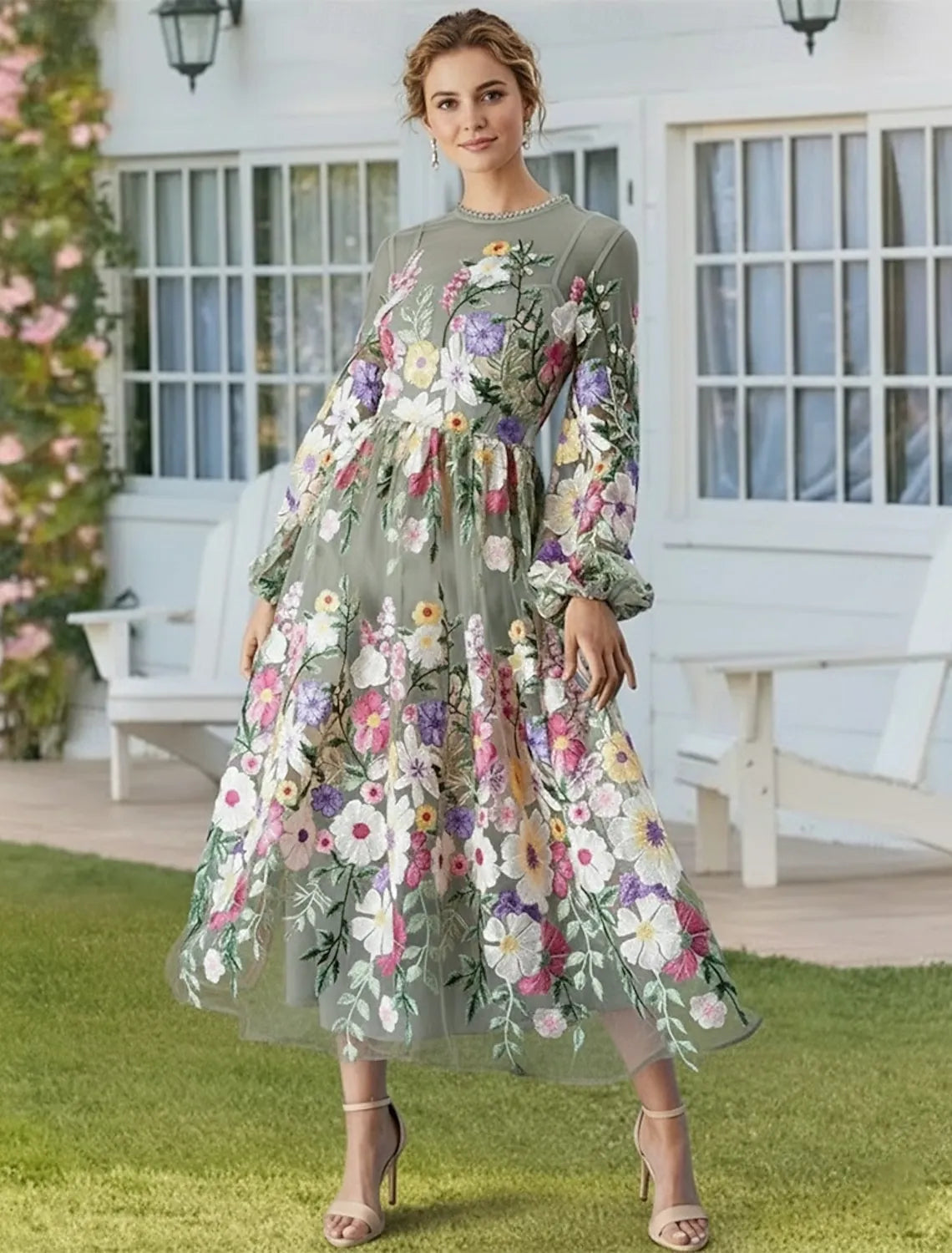 Romantic A-Line Sheer Neck Puff Sleeve Midi Floral Dress