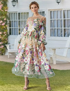Romantic A-Line Sheer Neck Puff Sleeve Midi Floral Dress