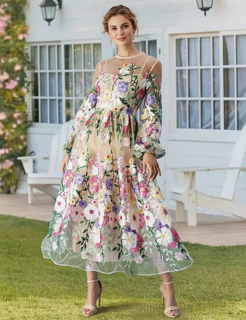 Romantic A-Line Sheer Neck Puff Sleeve Midi Floral Dress