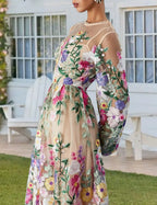 Romantic A-Line Sheer Neck Puff Sleeve Midi Floral Dress