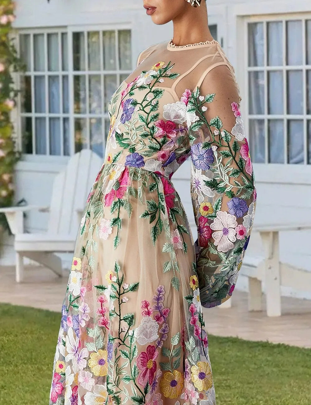 Romantic A-Line Sheer Neck Puff Sleeve Midi Floral Dress