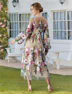 Romantic A-Line Sheer Neck Puff Sleeve Midi Floral Dress