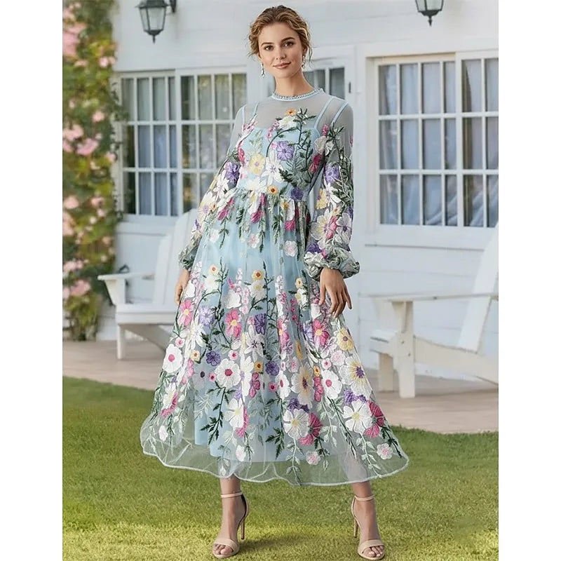 Romantic A-Line Sheer Neck Puff Sleeve Midi Floral Dress