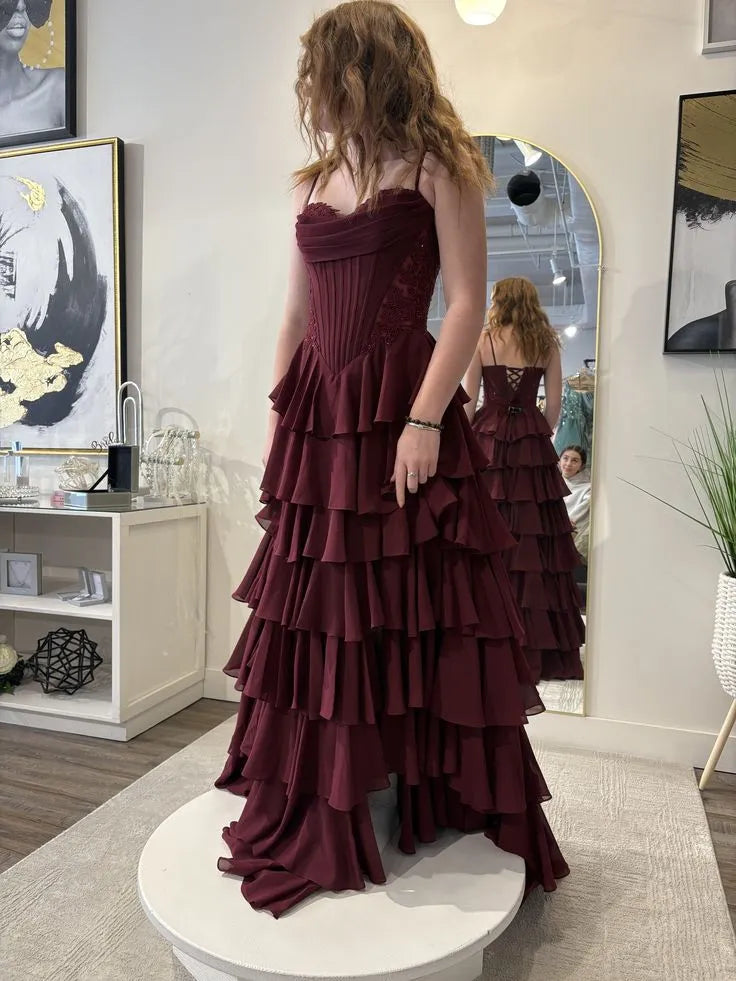 Romantic A-Line Spaghetti Strap Corset Lace-Up Back Tiered Ruffle Floor-Length Evening Gown