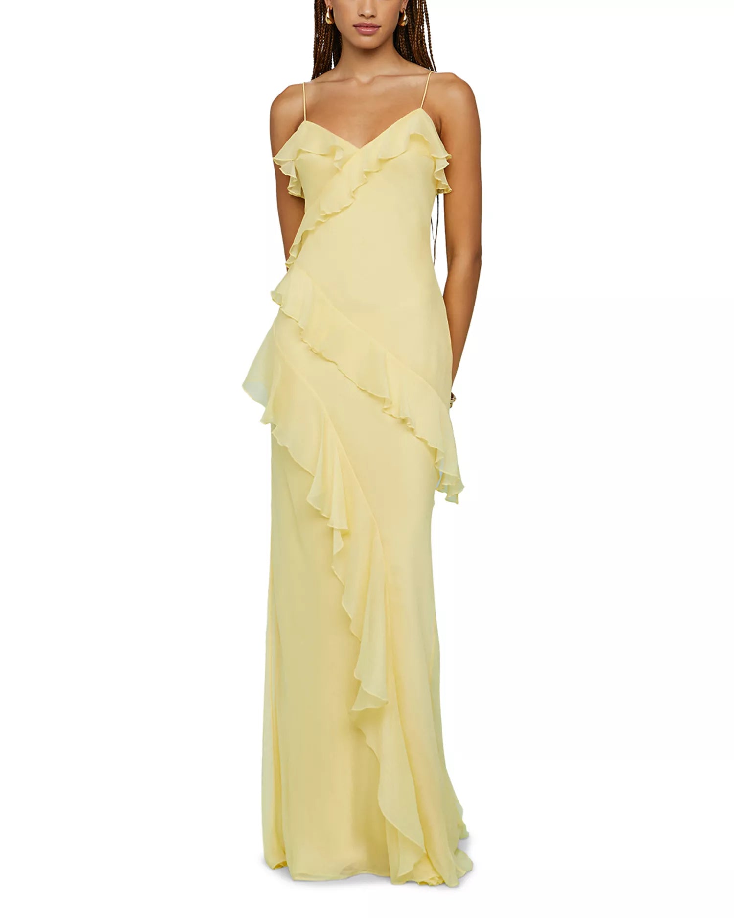Romantic A Line Spaghetti Strap Ruffle Accent Open Back Floor Length For Ladies Prom Dress ﻿