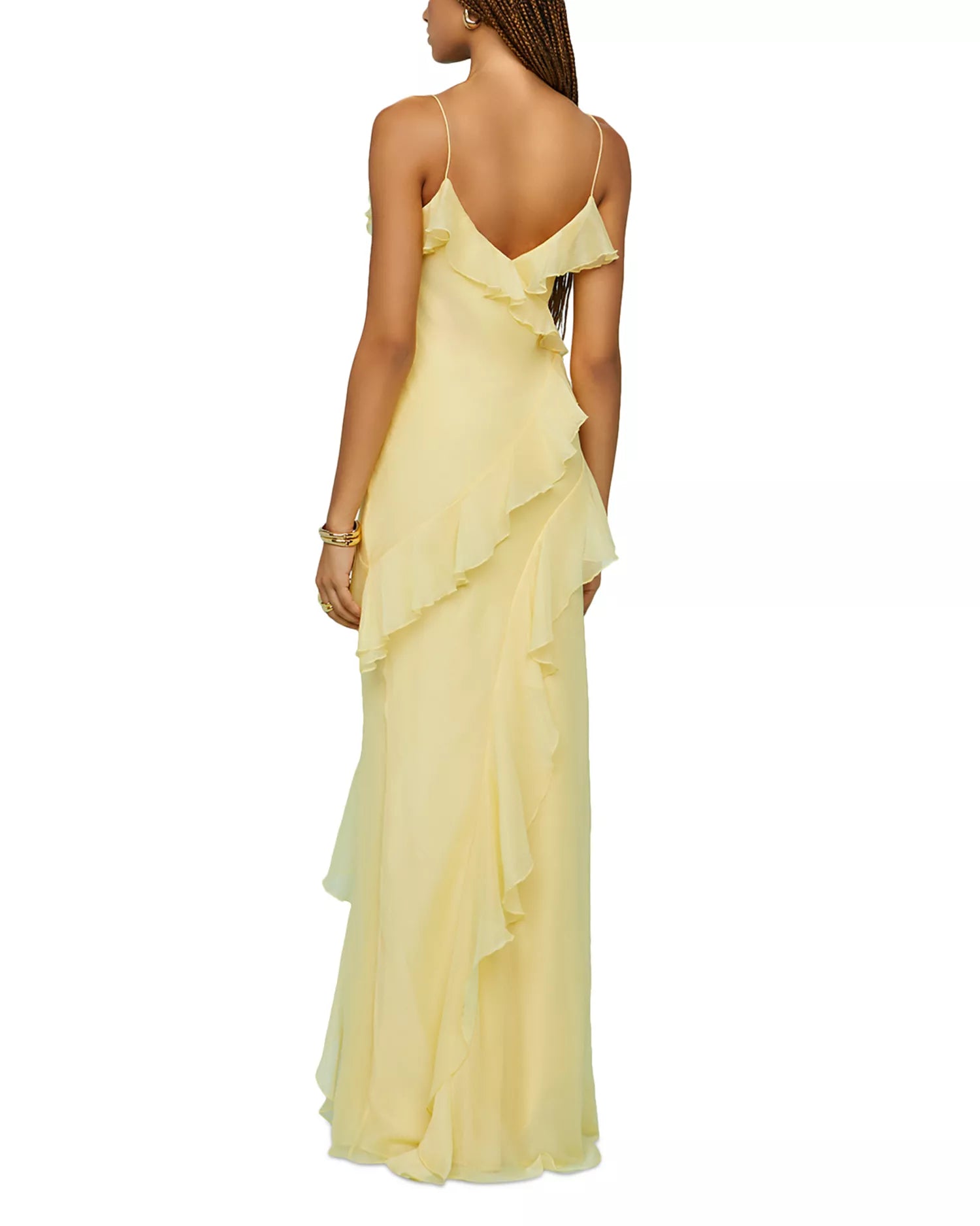 Romantic A Line Spaghetti Strap Ruffle Accent Open Back Floor Length For Ladies Prom Dress ﻿