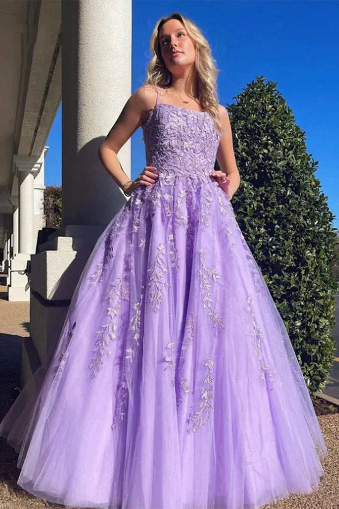 Romantic A-Line Square Neck Sleeveless Maxi Prom Dress