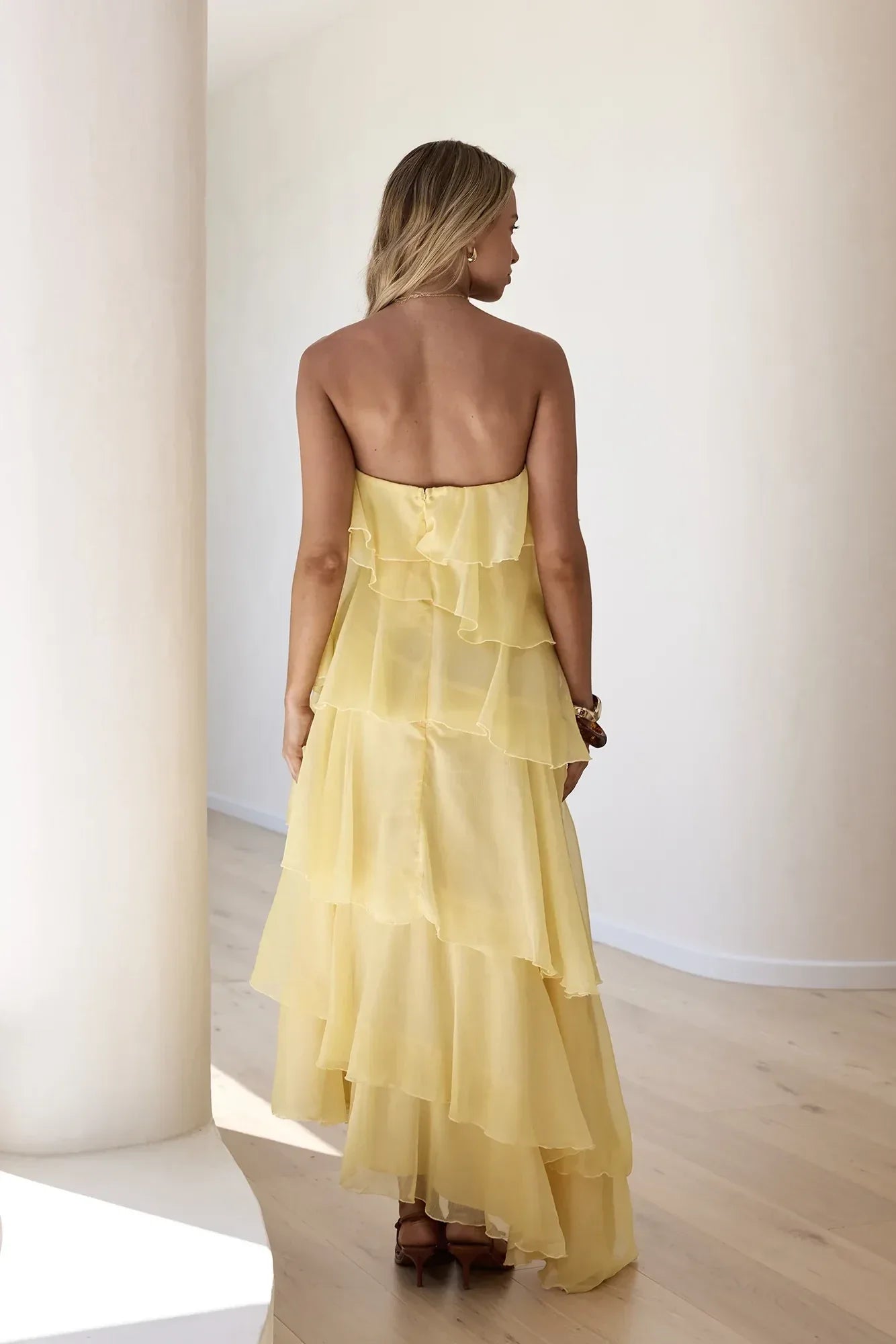 Romantic A Line Strapless Ruffle Trim Back Zip Floor Length Prom Dress