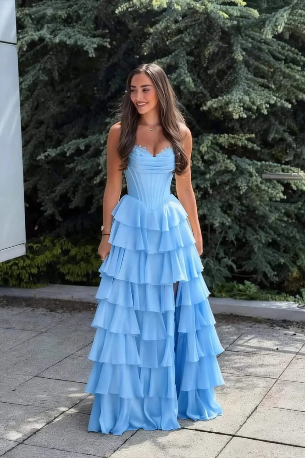 Romantic A-Line Strapless Sweetheart Corset Tiered Ruffle High Slit Floor-Length Evening Gown