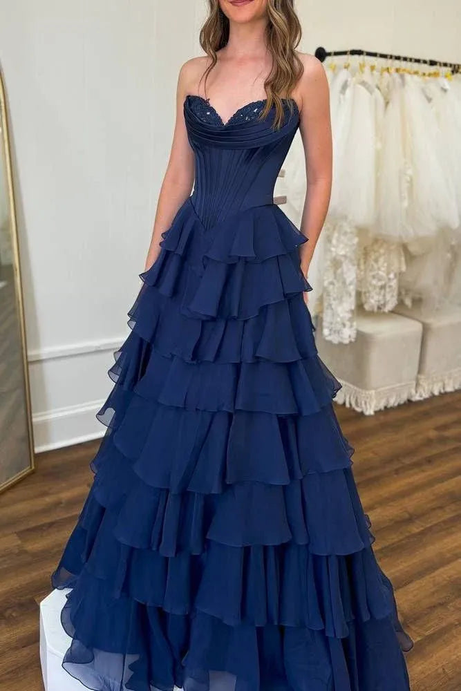 Romantic A-Line Strapless Sweetheart Corset Tiered Ruffle High Slit Floor-Length Evening Gown