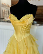 Romantic A-Line Strapless Sweetheart Corset Tiered Ruffle High Slit Floor-Length Evening Gown