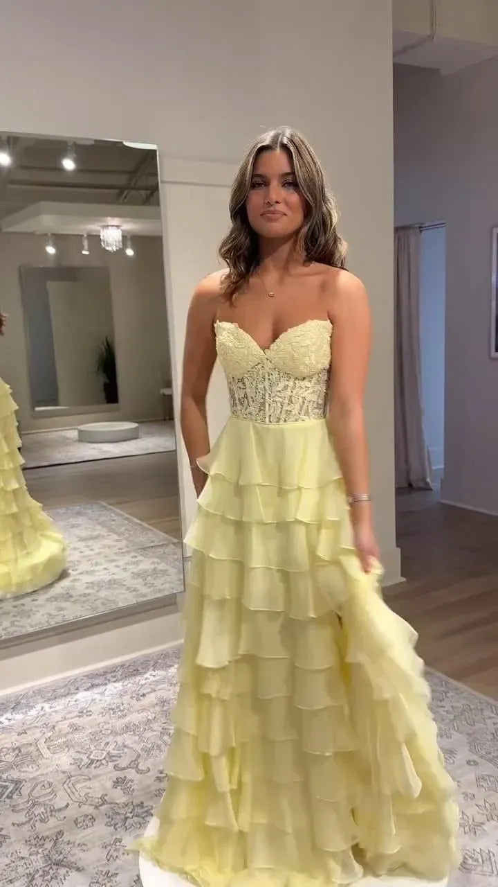 Romantic A-Line Strapless Sweetheart Corset Tiered Ruffle Floor-Length Evening Gown