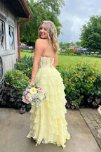 Romantic A-Line Strapless Sweetheart Corset Tiered Ruffle Floor-Length Evening Gown