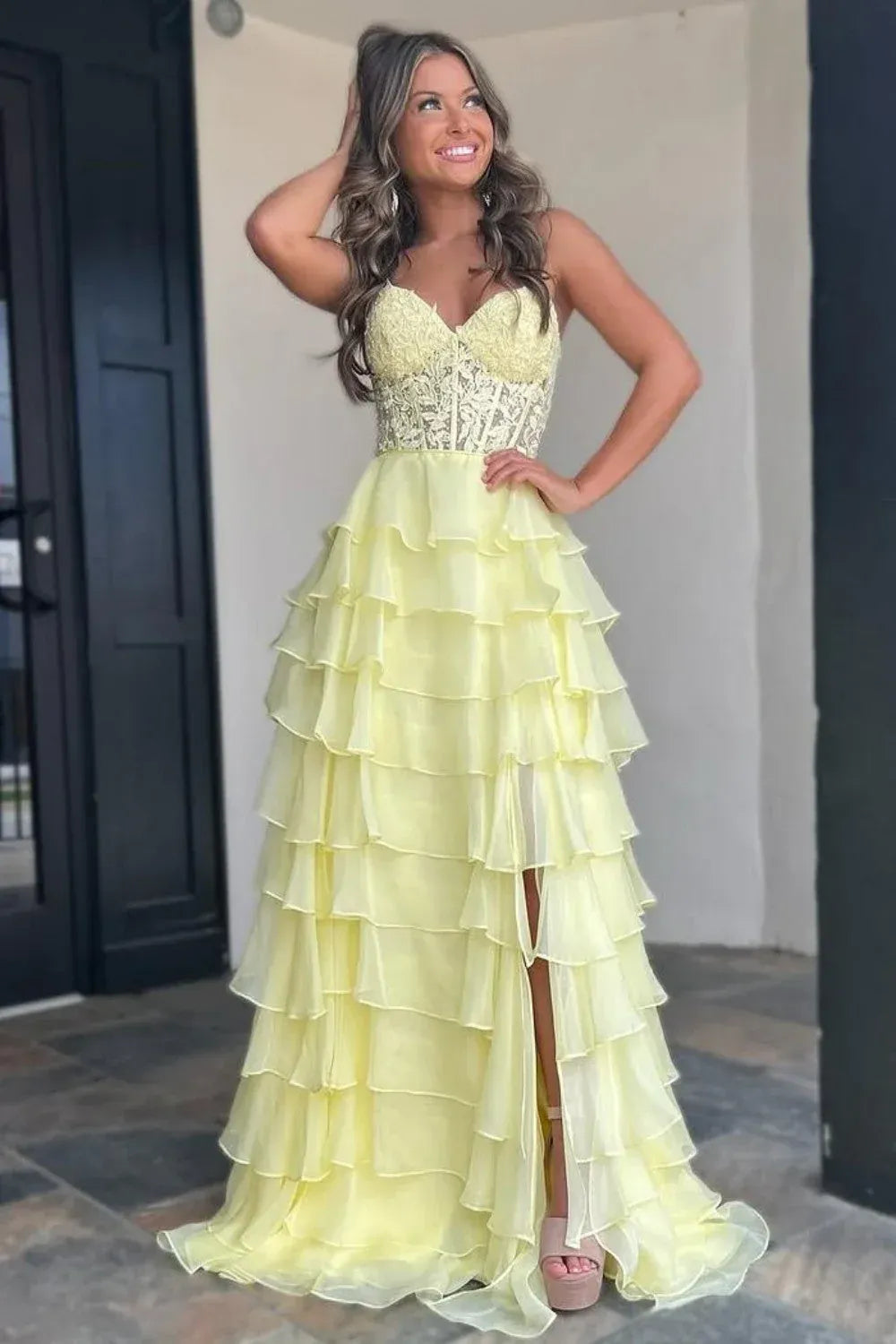 Romantic A-Line Strapless Sweetheart Corset Tiered Ruffle Floor-Length Evening Gown