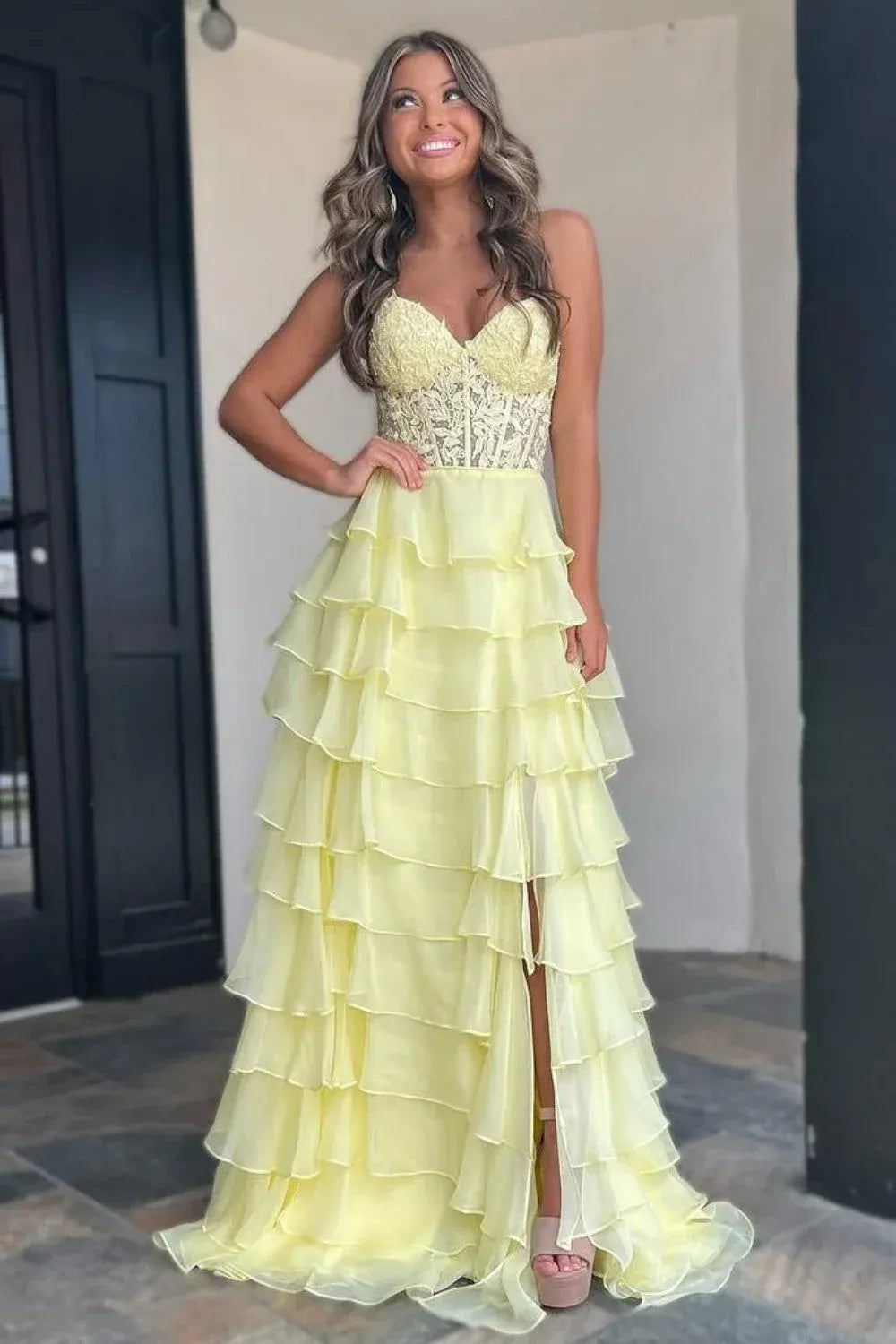 Romantic A-Line Strapless Sweetheart Corset Tiered Ruffle Floor-Length Evening Gown