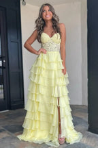 Romantic A-Line Strapless Sweetheart Corset Tiered Ruffle Floor-Length Evening Gown