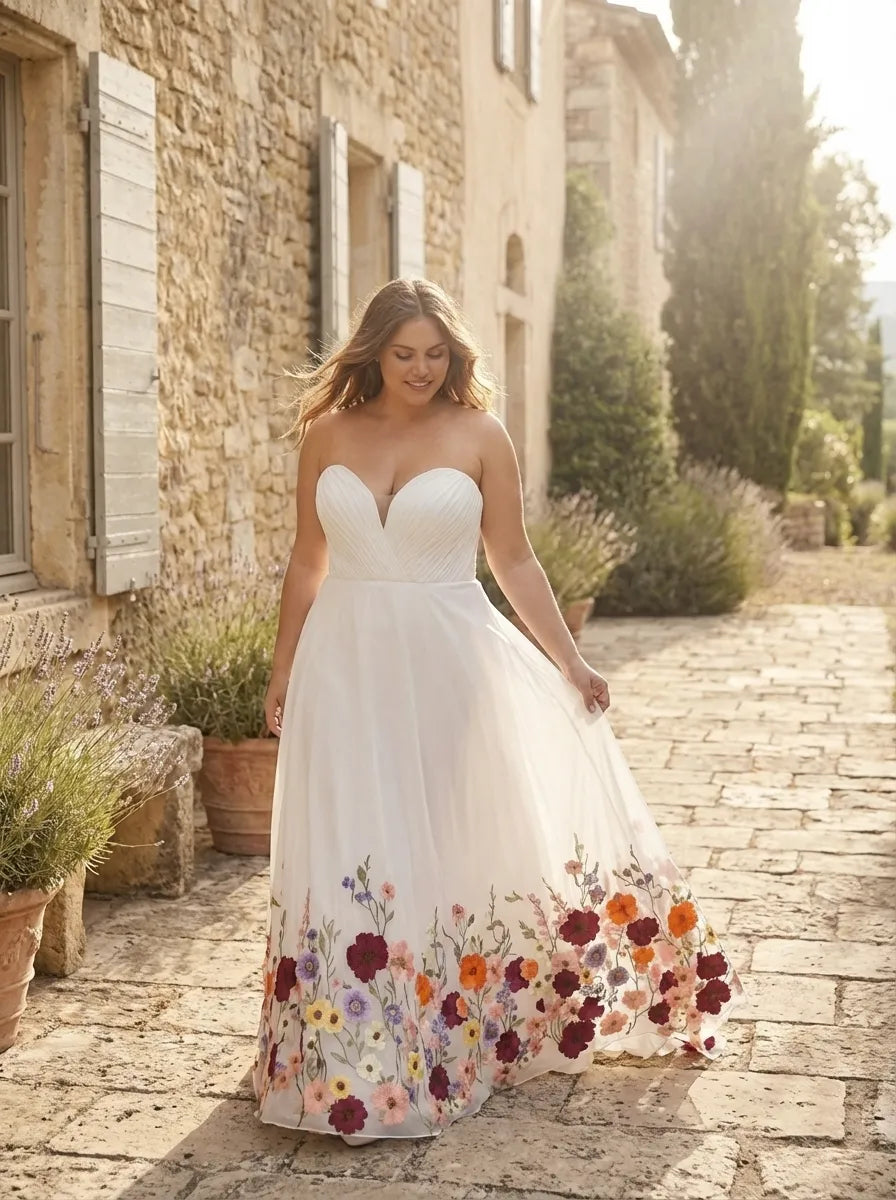 Romantic A-Line Strapless Sweetheart Maxi Floral Wedding Dress