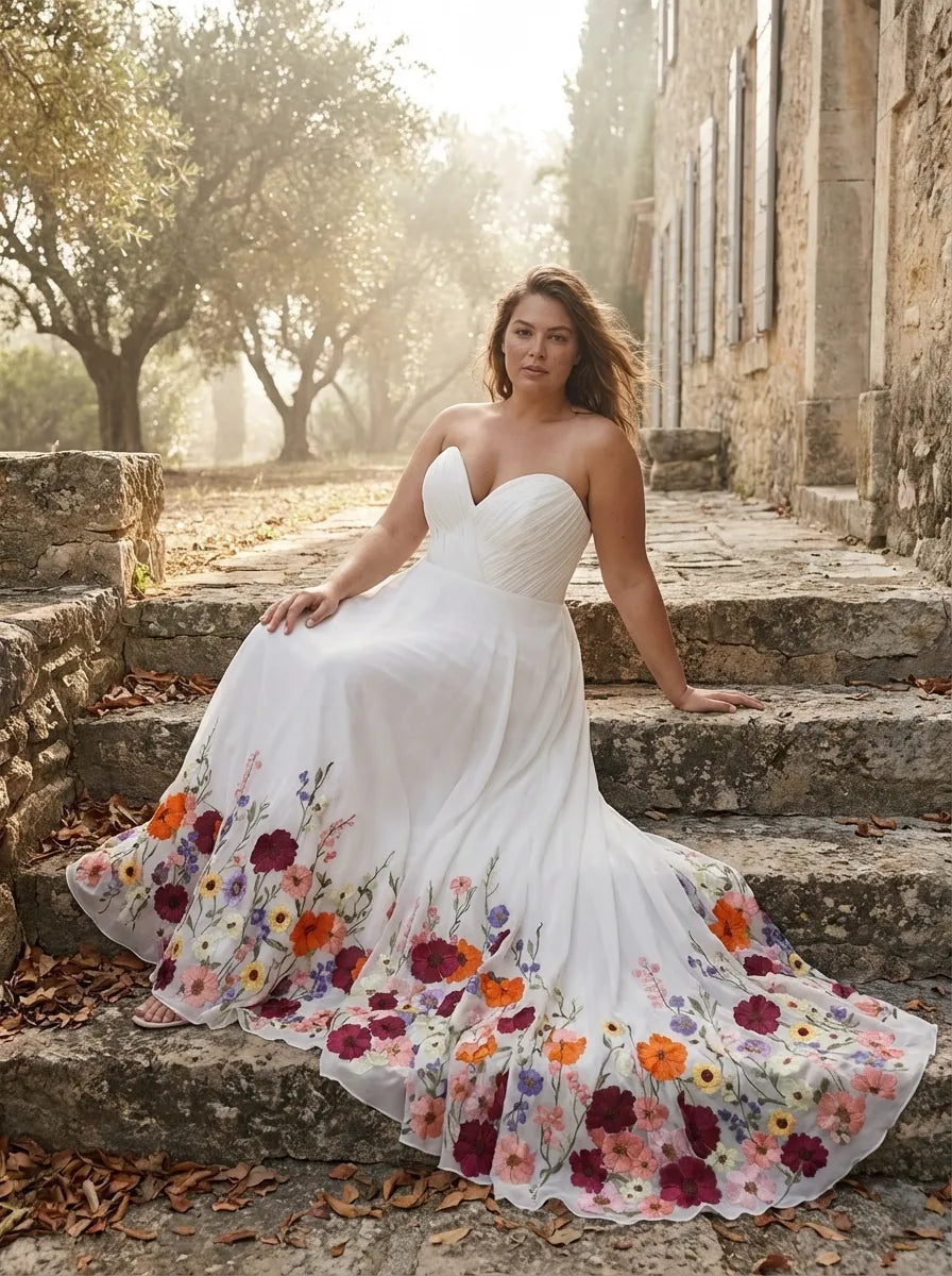 Romantic A-Line Strapless Sweetheart Maxi Floral Wedding Dress